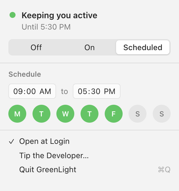 The GreenLight menu bar window, set to Scheduled from 9:00 AM to 5:30 PM on weekdays